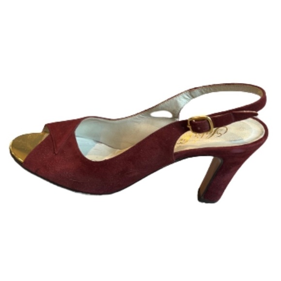 SAKS Fifth Avenue Burgundy Suede Peep Toe Slingback Heel Size 7 - Picture 2 of 12